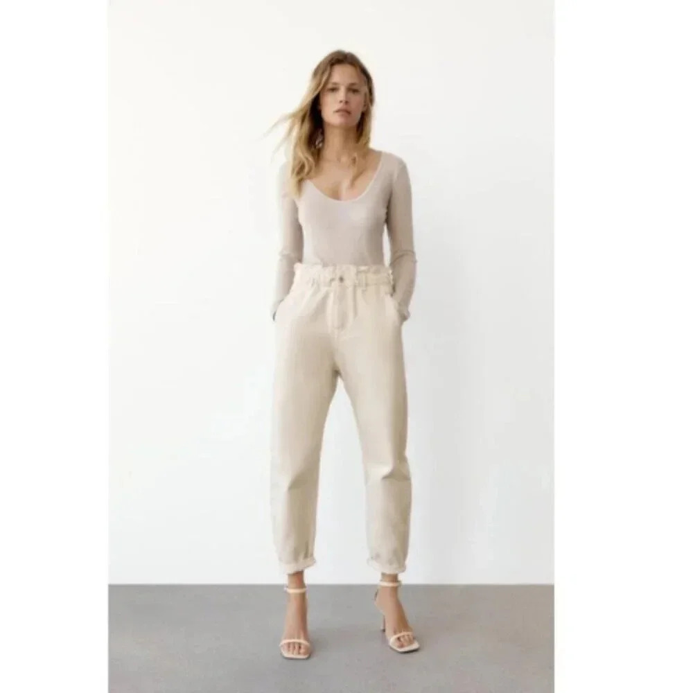 Zara Womens 2 Paper Bag Beige Mom Jeans